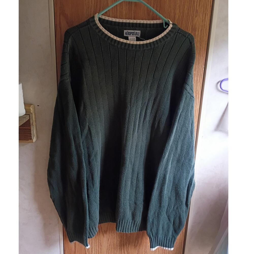 Vintage Y2K Aeropostale Green Ribbed Cotton Crewneck Sweater Mens XL Preppy